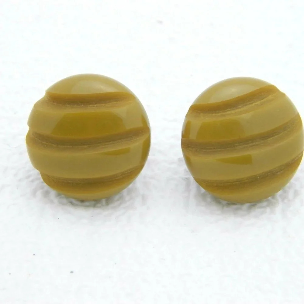 Silver Toned Custard Yellow Brown Carved Bakelite